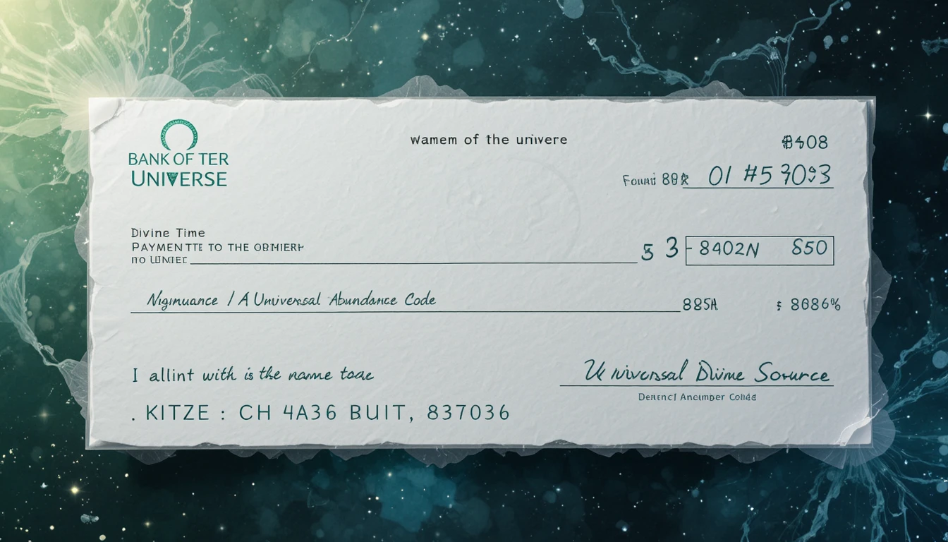 White bank cheque featuring universe theme and infinity symbol