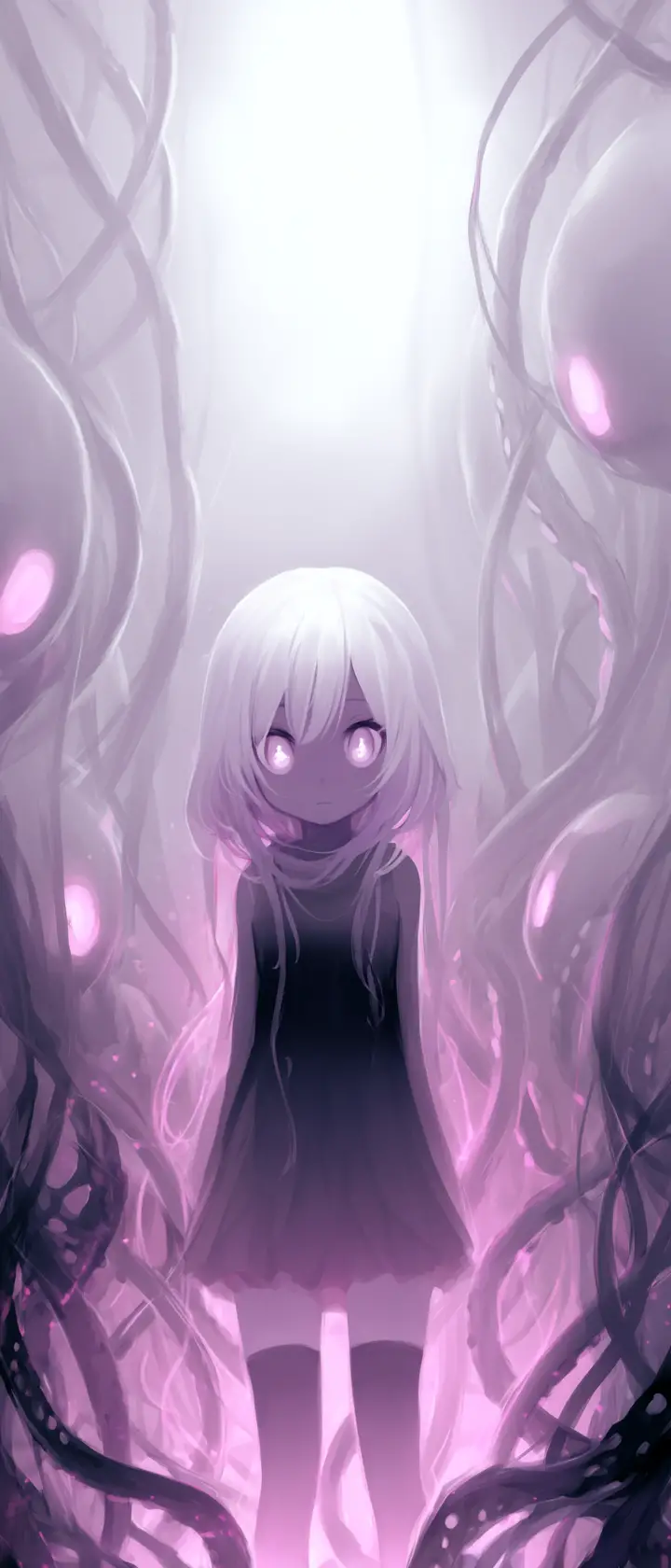 Anime girl with glowing tentacles in a misty void