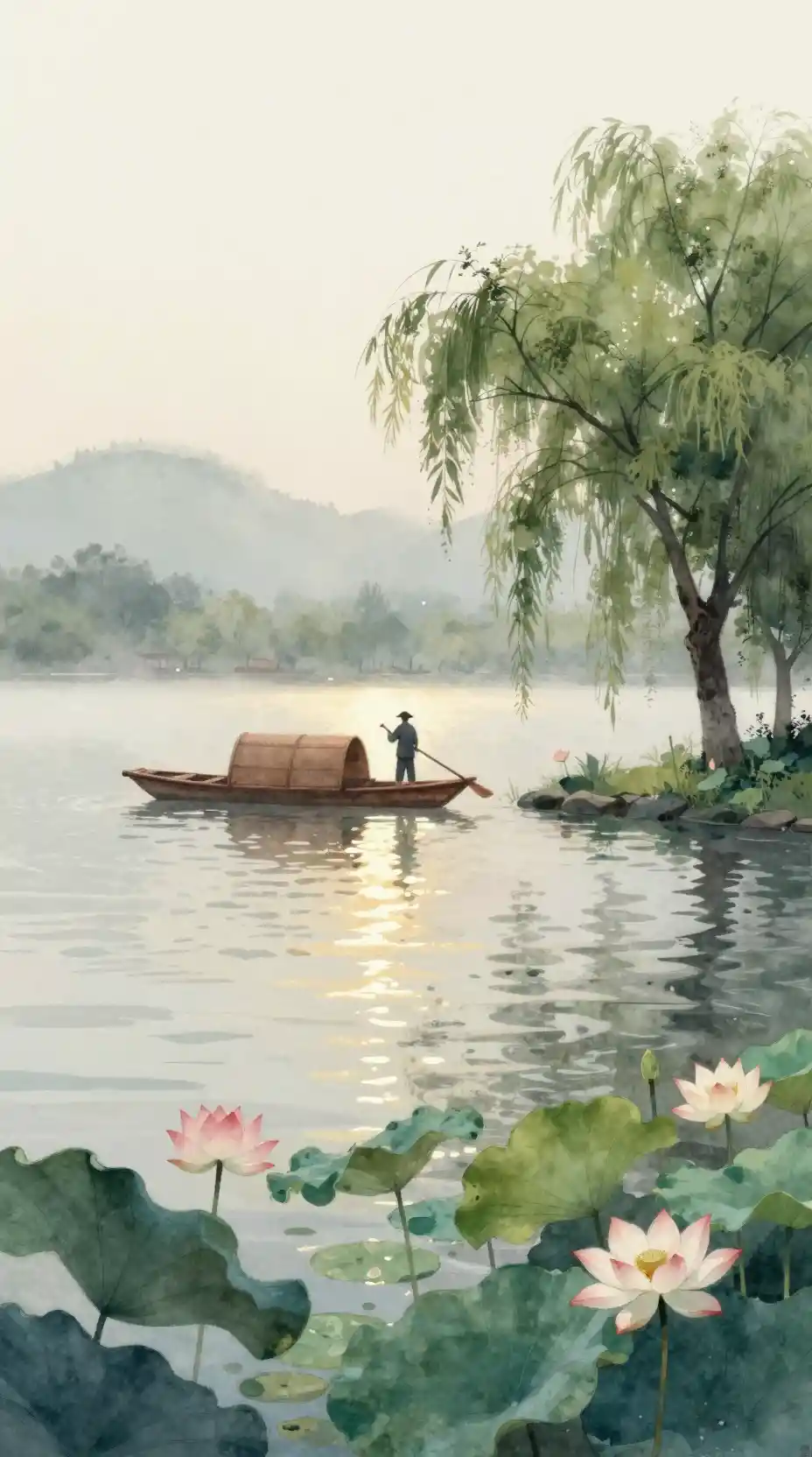 Solitary boatman drifting across a misty sunlit lake