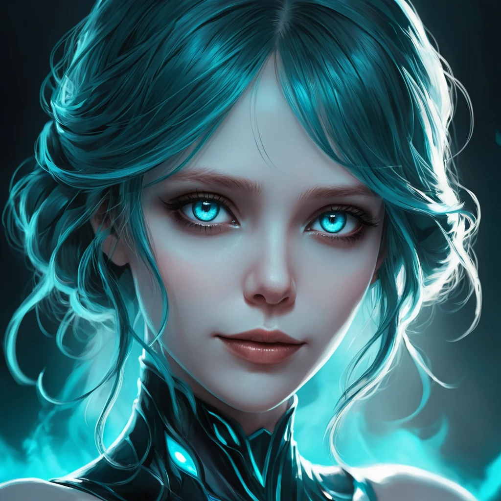 Mysterious teal skinned woman with glowing azure eyes