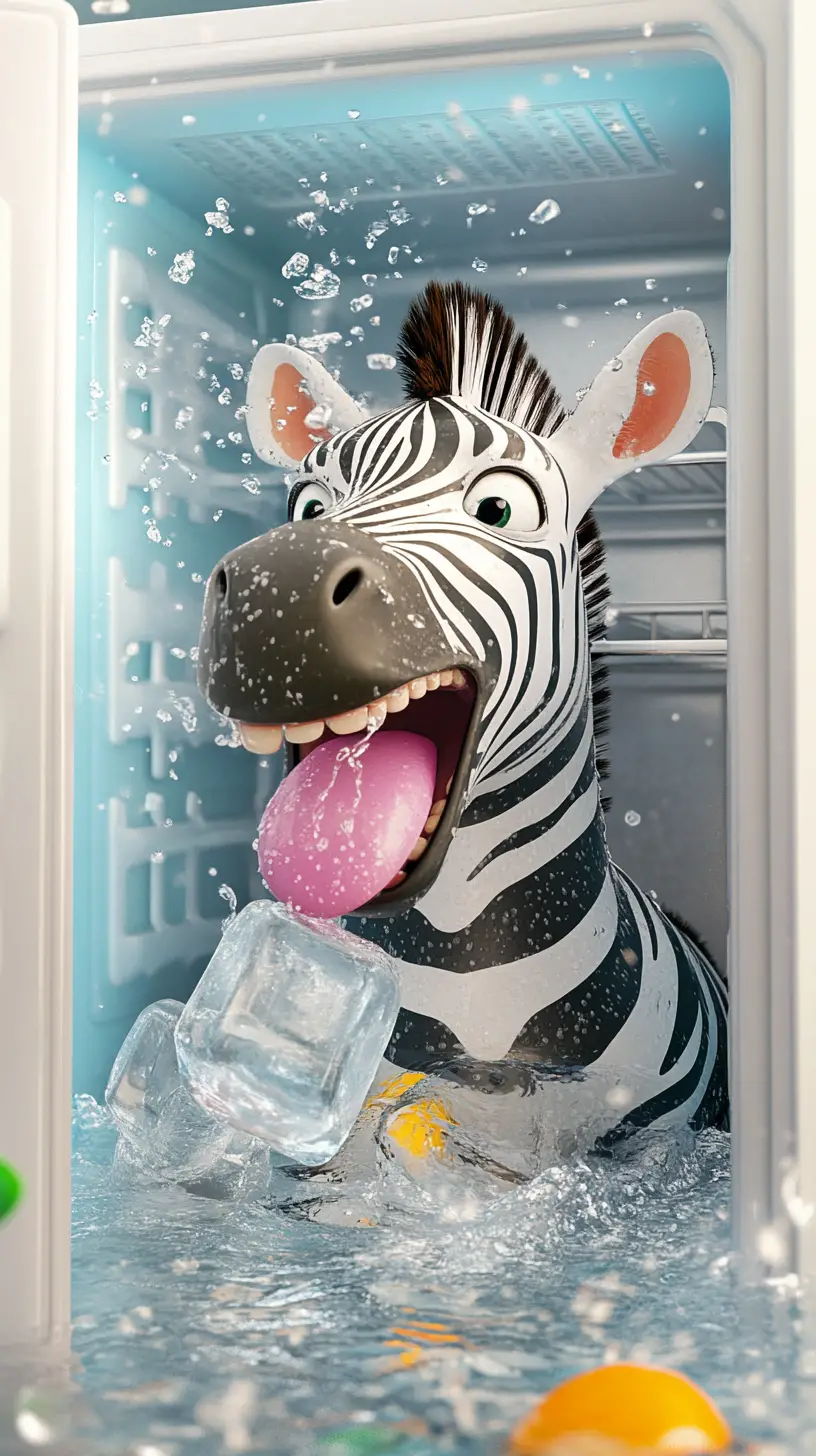 Cartoon zebra relaxing inside a colorful refrigerator