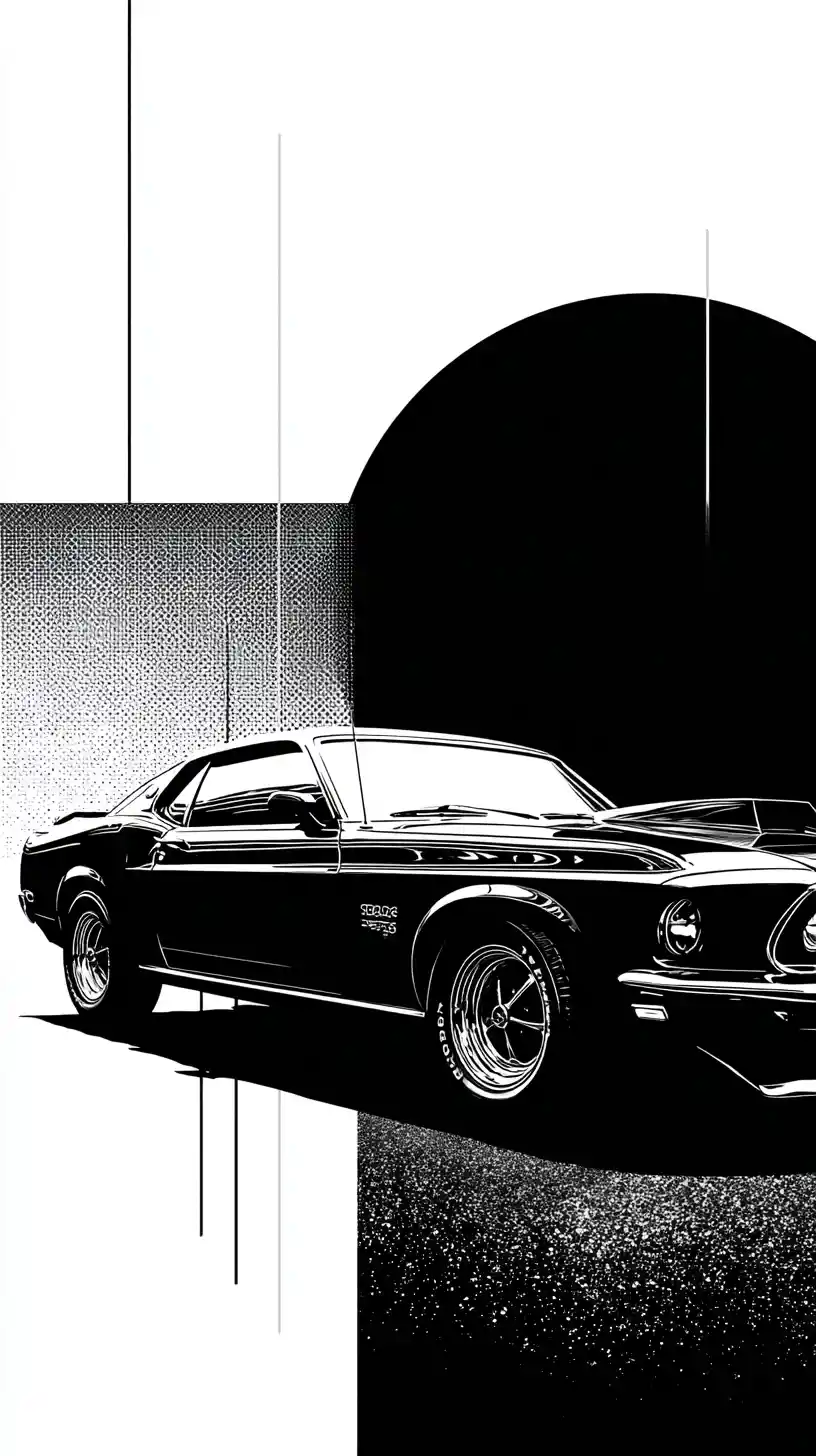 Schwarzer futuristischer Mustang-Oldtimer schwebt über Stadtlandschaft