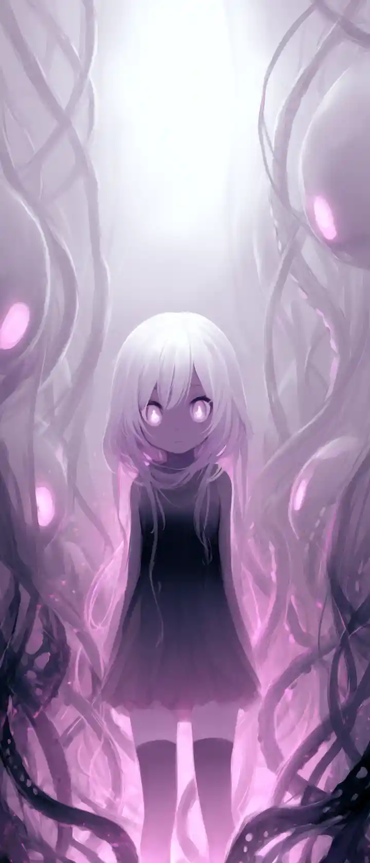 Chica de anime con tentáculos brillantes en un vacío nebuloso