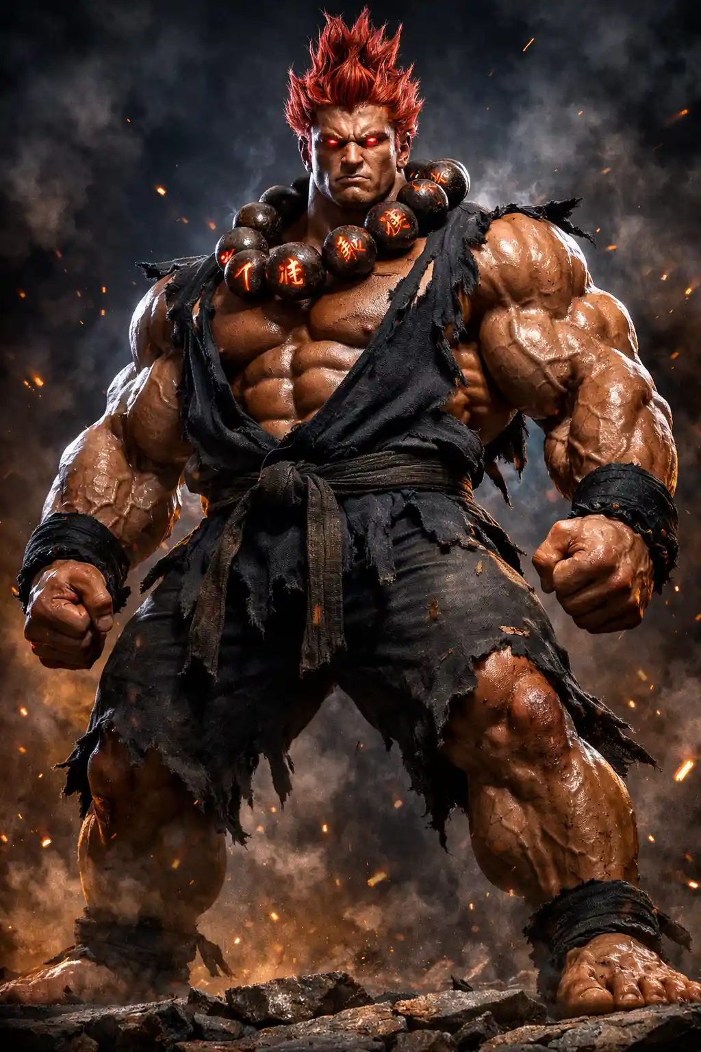 Muscular warrior with fiery hair in dramatic low angle pose