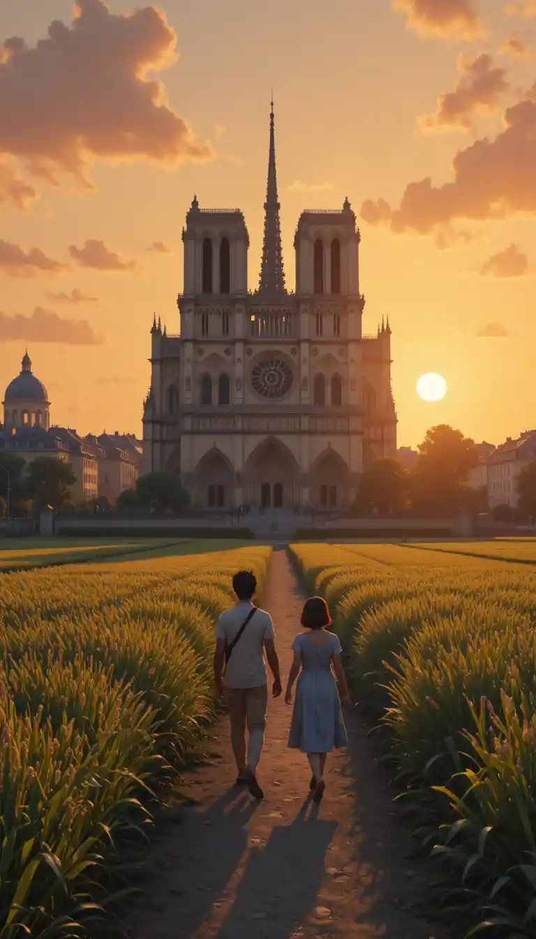 Tramonto tranquillo in una città anime attorno a una grande cattedrale