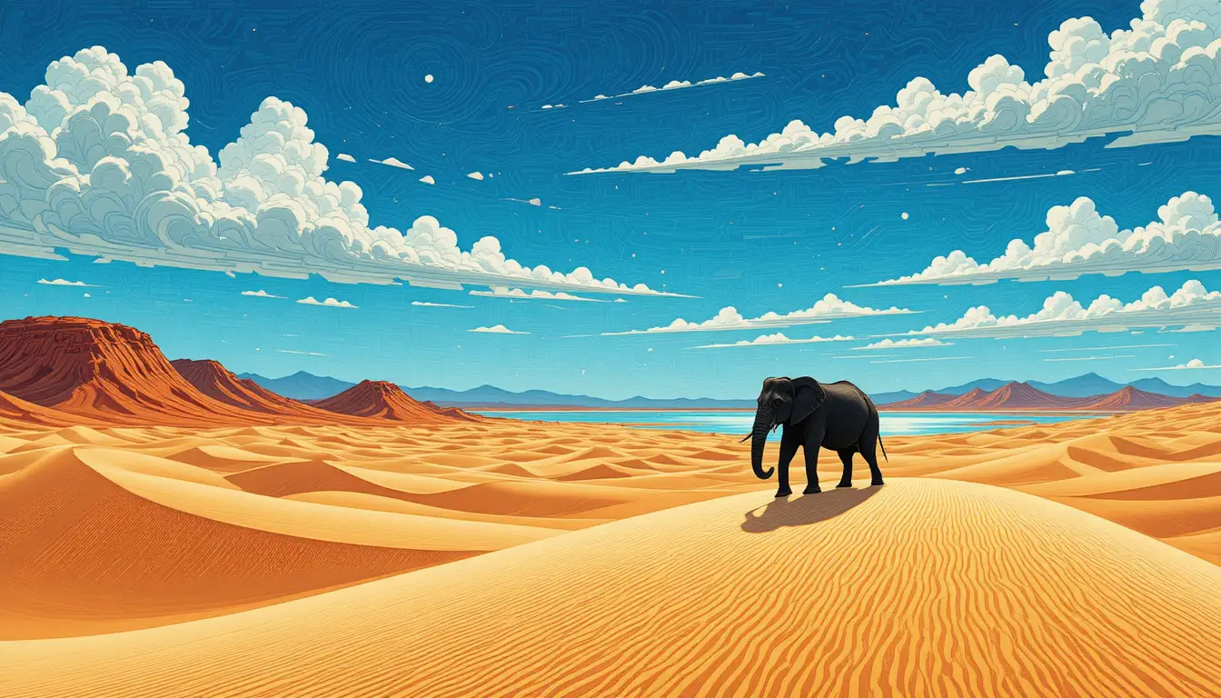Elephant Silhouette Crossing Graphic Desert Dunes At Dusk