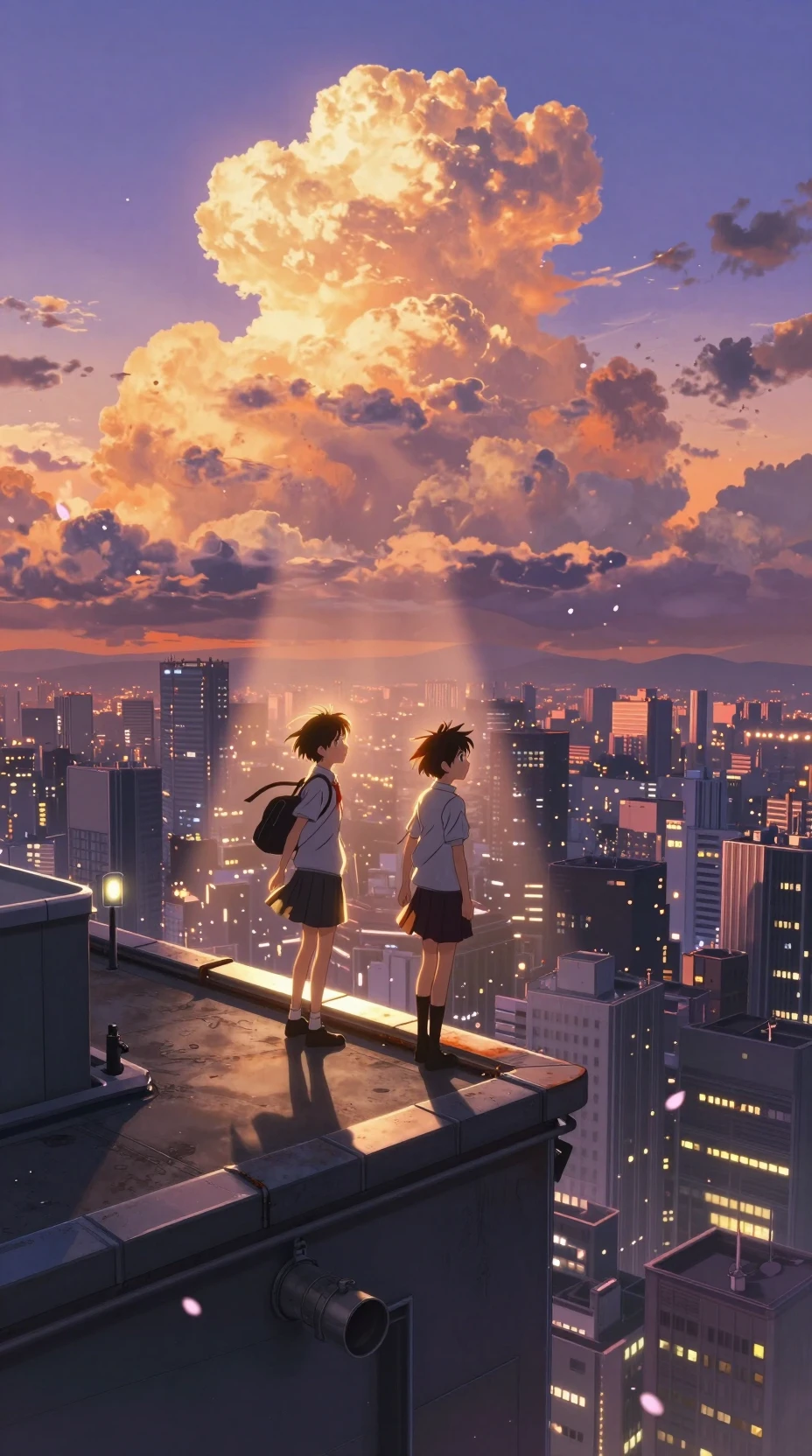 Estudantes de anime em um terraço de Tóquio ao pôr do sol dramático