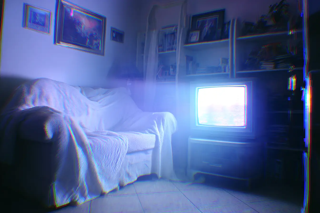 Dreamlike living room glowing with blue television light