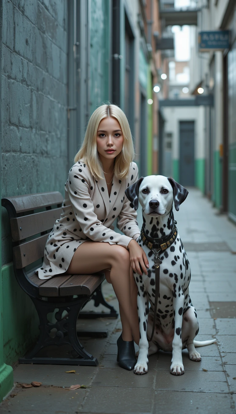 靜謐城市巷弄中的時髦女子與斑點狗