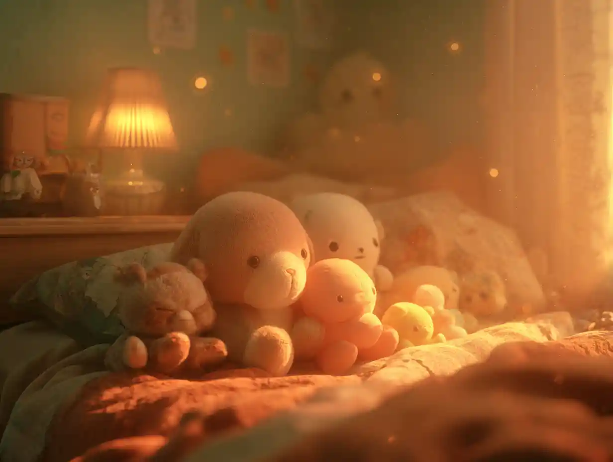 Cozy childhood bedroom with warm dreamy lamp glow