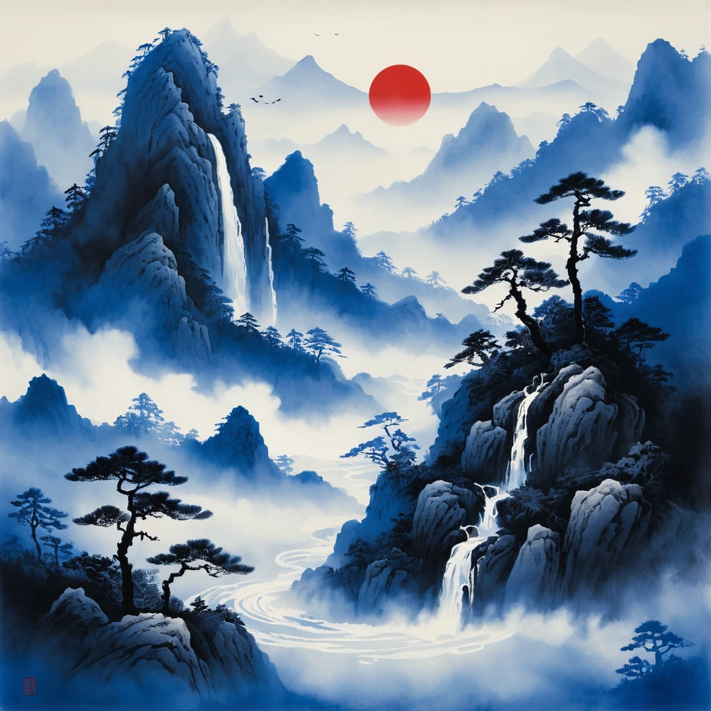 Cima de montaña a tinta emergiendo de una neblina azul luminosa