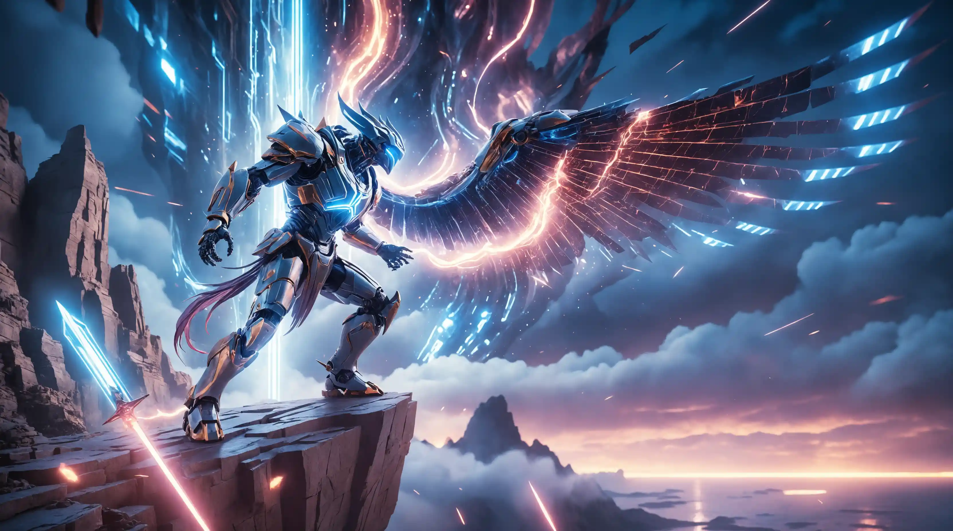 Demonic titan bound on a cliff under descending celestial swords
