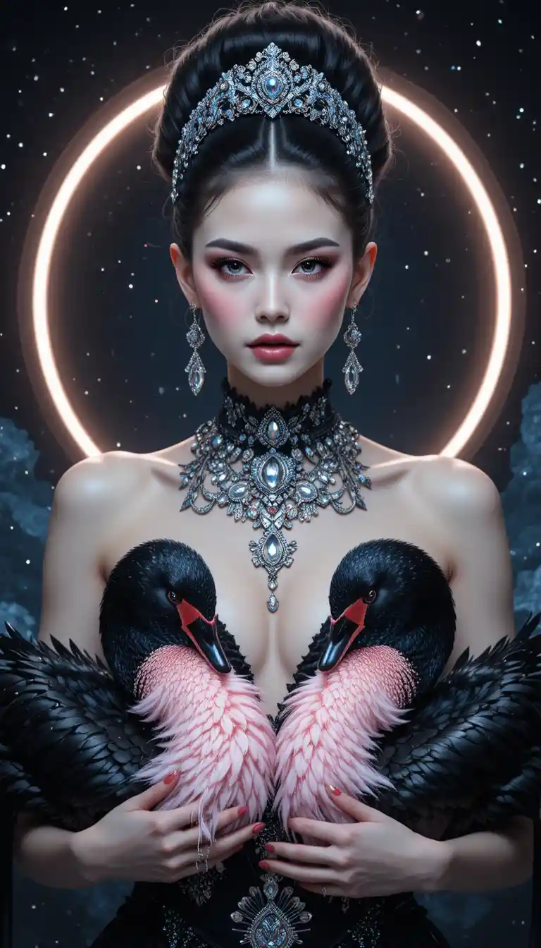Elegant woman with black swans in a cosmic halo