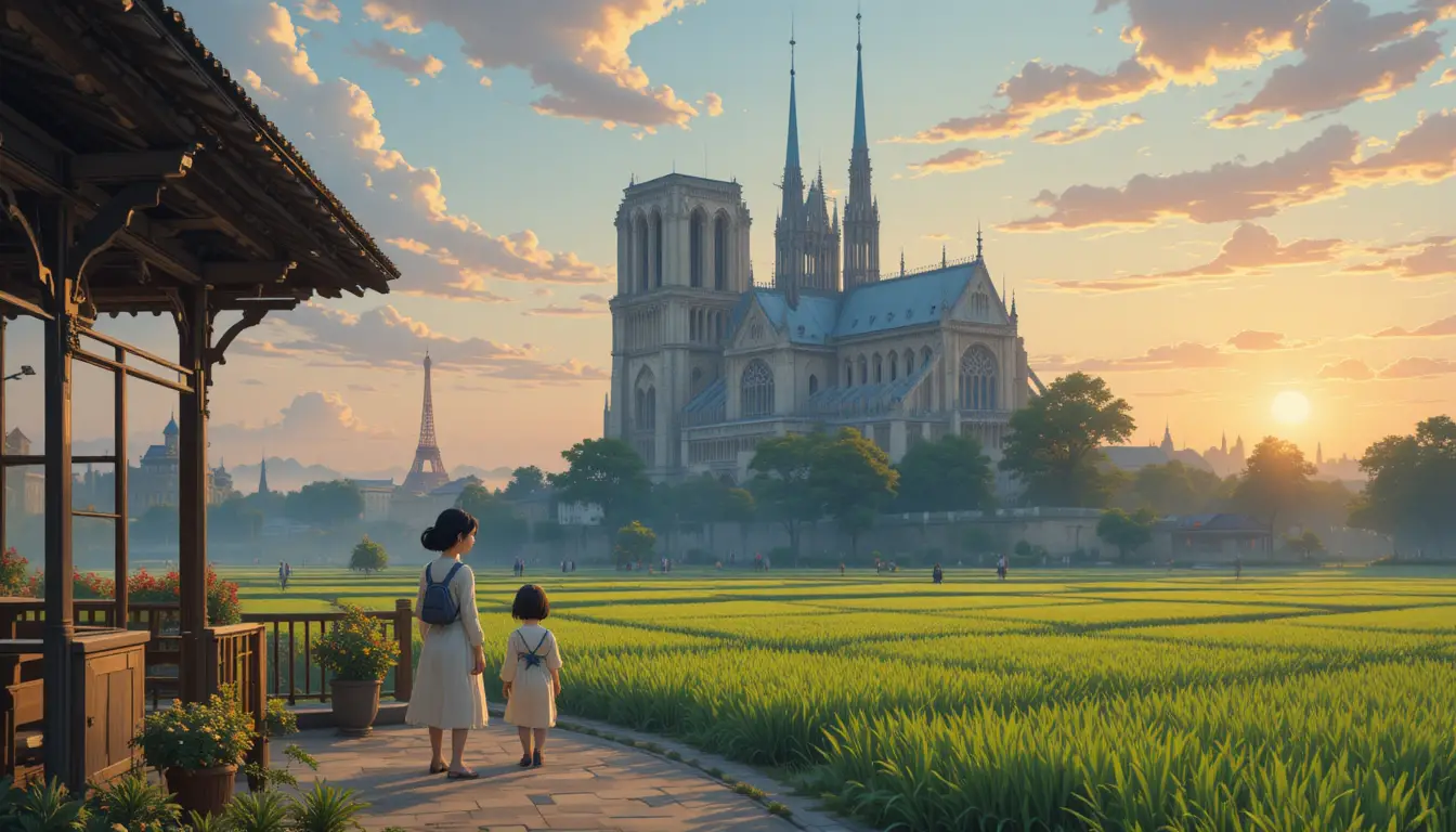 Friedliche Anime-Ansicht von Notre-Dame bei Sonnenuntergang