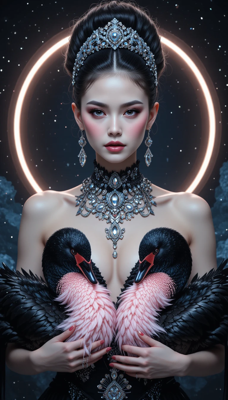 Elegant woman with black swans in a cosmic halo