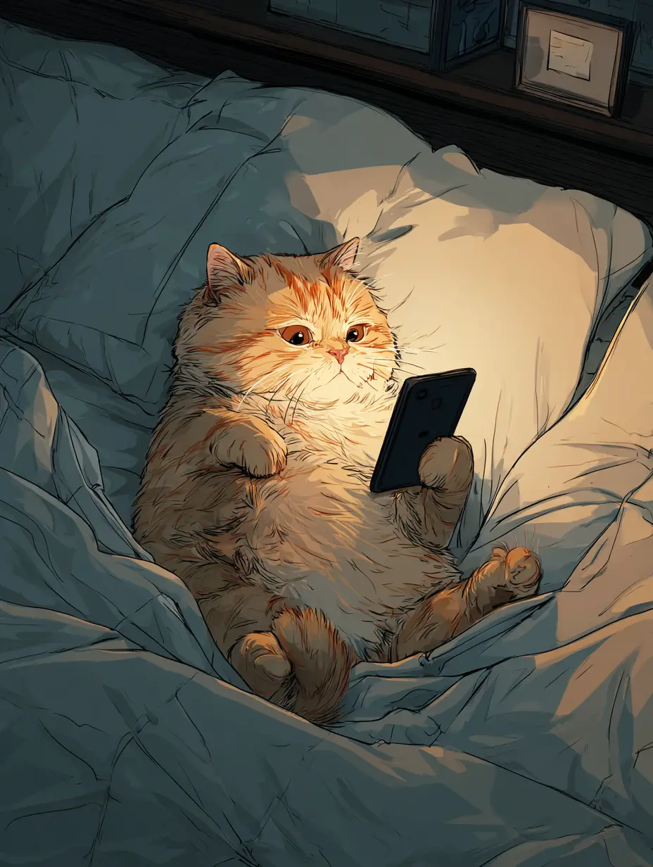 Cute cat using a phone while lounging in bed