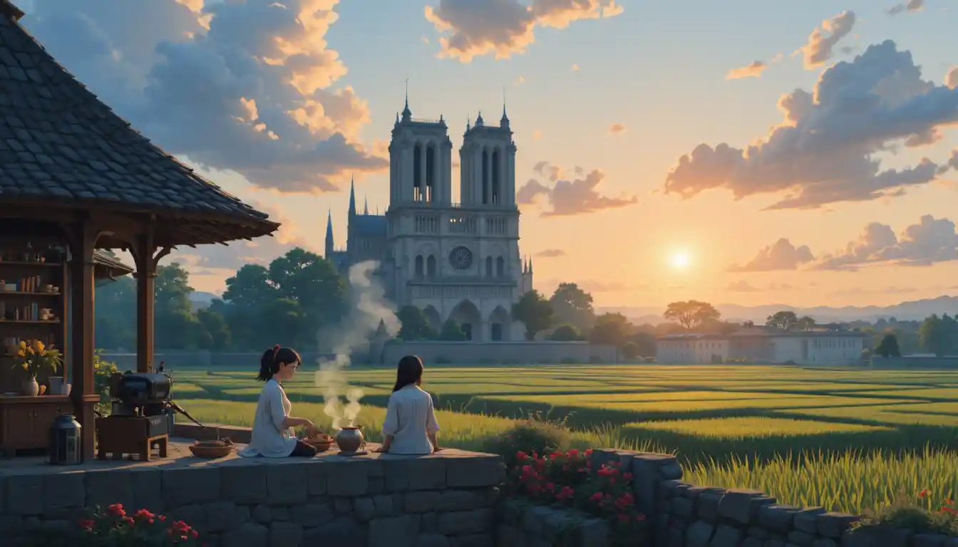 Peaceful anime view of paris cathedral at sunset
