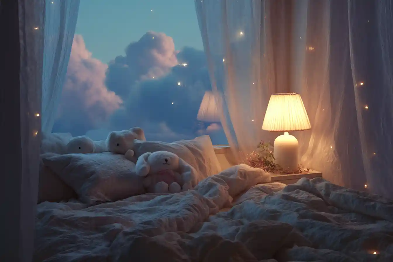 Dormitorio acogedor y de ensueño con lámpara suave y peluches