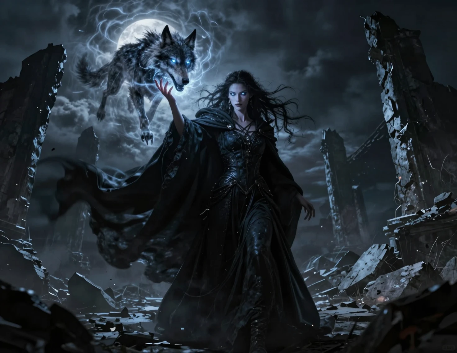 Sorceress Summoning A Spectral Wolf In Moonlit Ruins