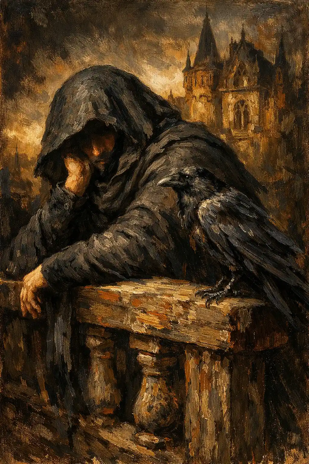 Hooded woman with raven on a wooden balustrade