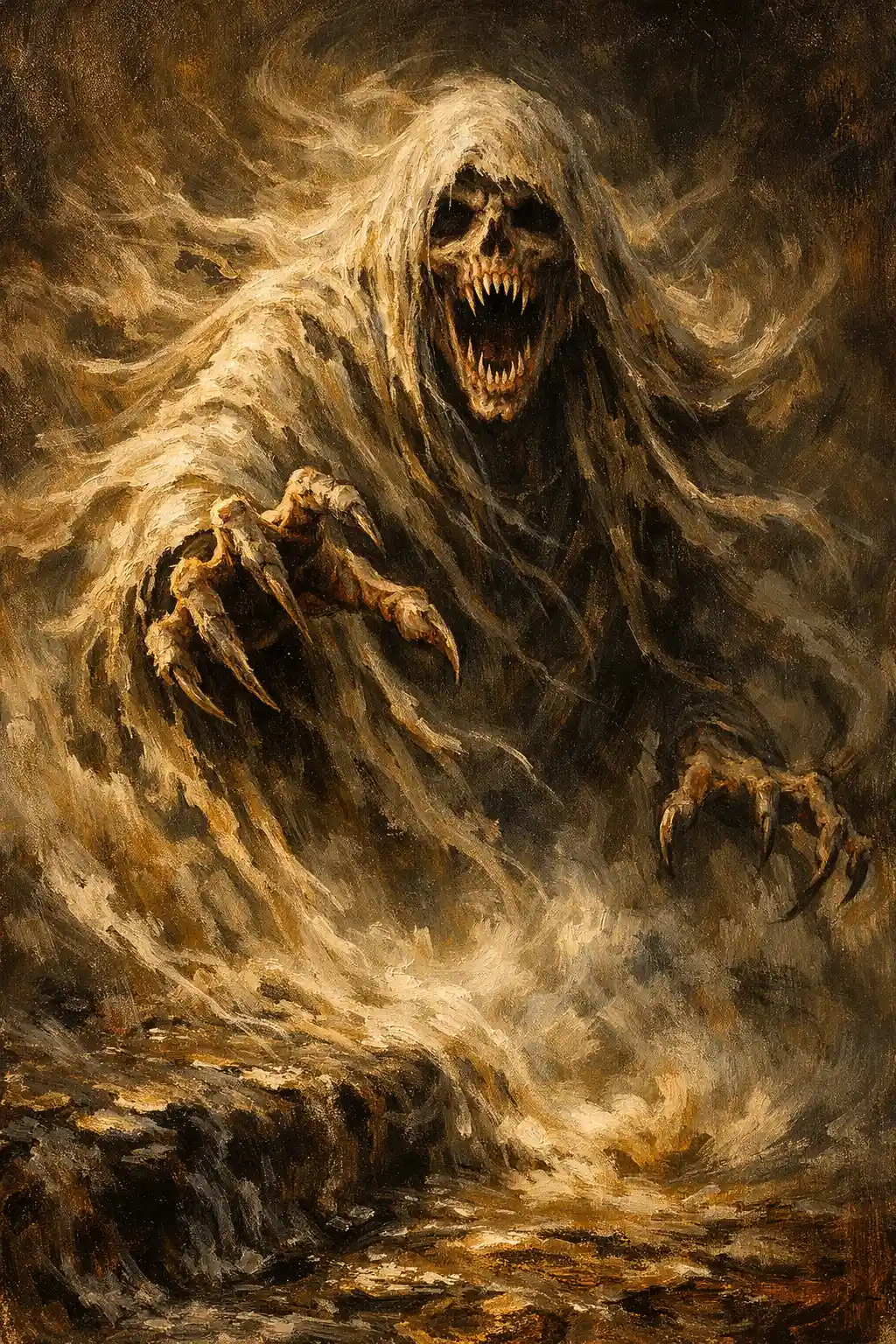 Spectral wraith emerging from swirling mist in oil painting