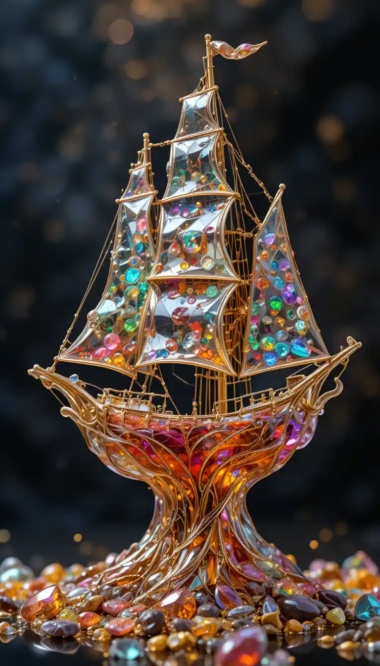Transparent 3D sailboat with liquid mercury and gems