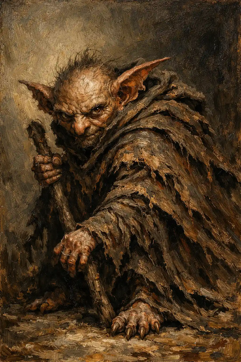 Dark fantasy oil painting of a cloaked anthropomorphic creature