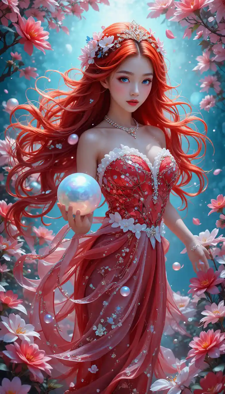 Red haired holographic nymph holding a glowing pearl