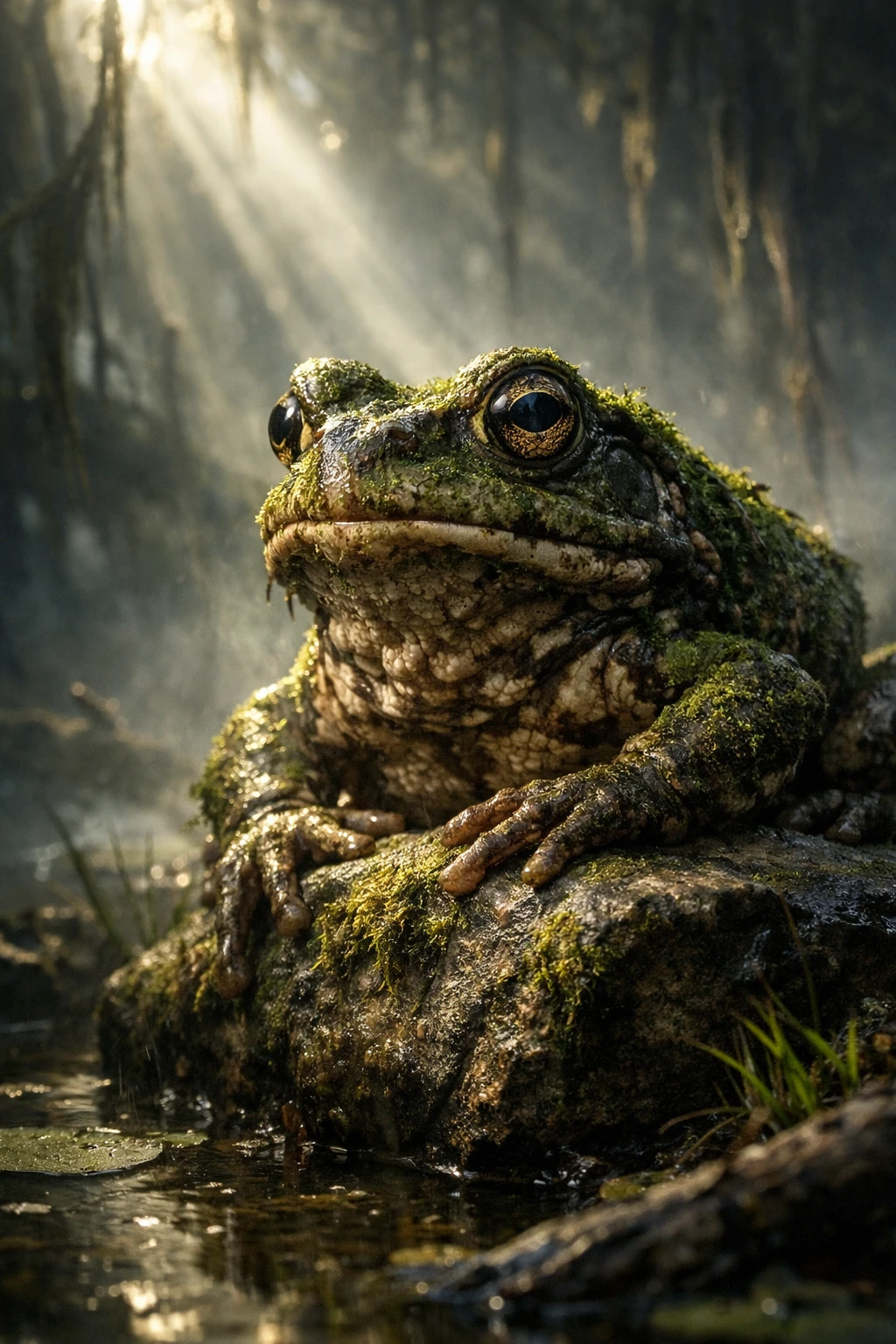 Weiser alter Frosch auf einem Stein in einem mystischen nebligen Sumpf