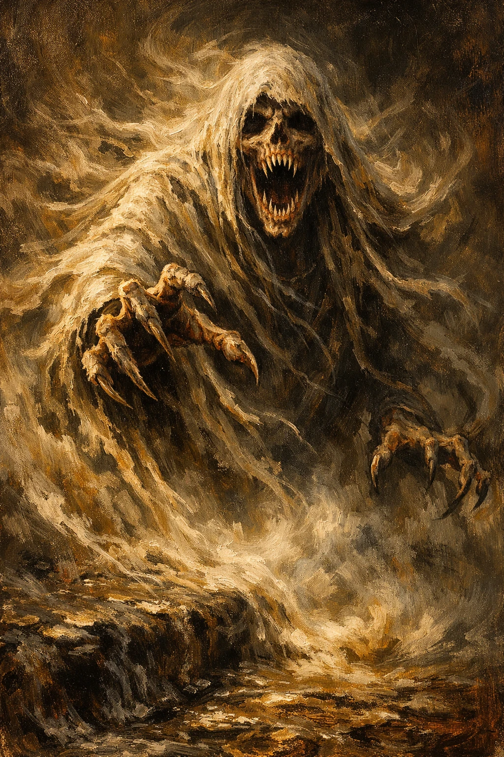 Spectral wraith emerging from swirling mist in oil painting