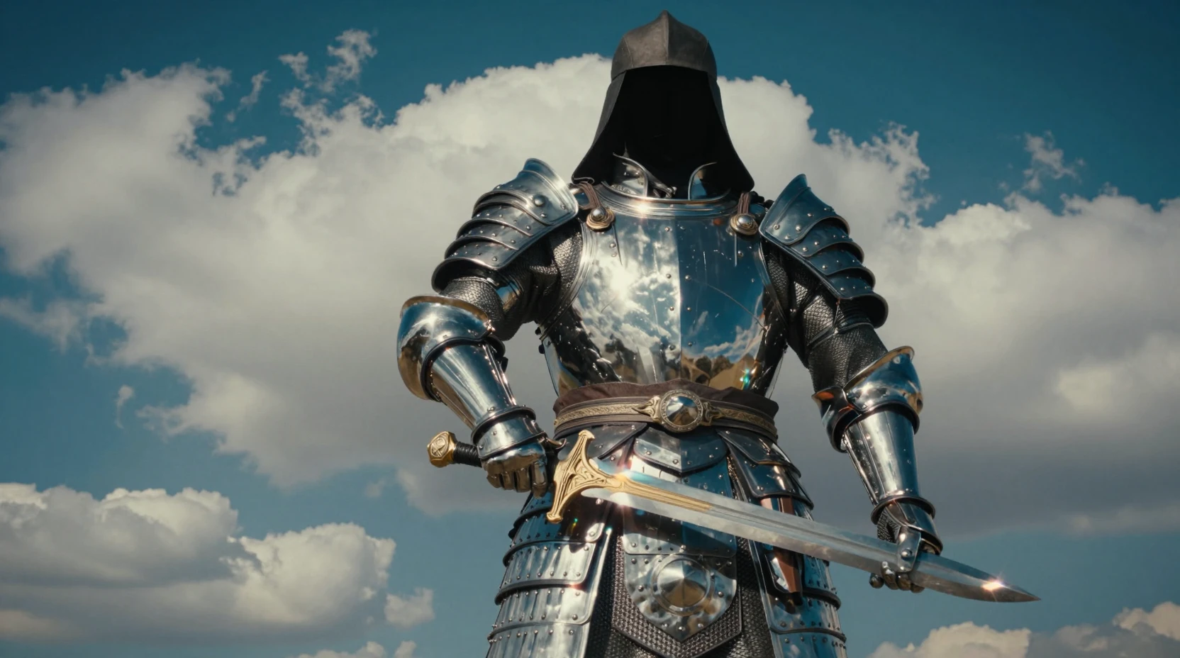 Chrome Armored Warrior Under Dramatic Cloudy Sky
