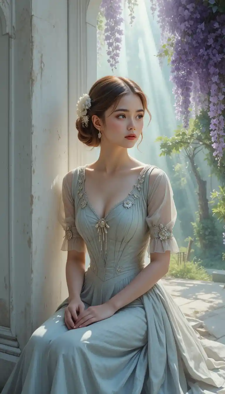 Elegant girl in light dress by a sunlit garden wall