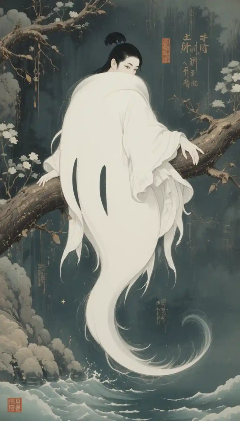 White ghost resting on a branch above still water
