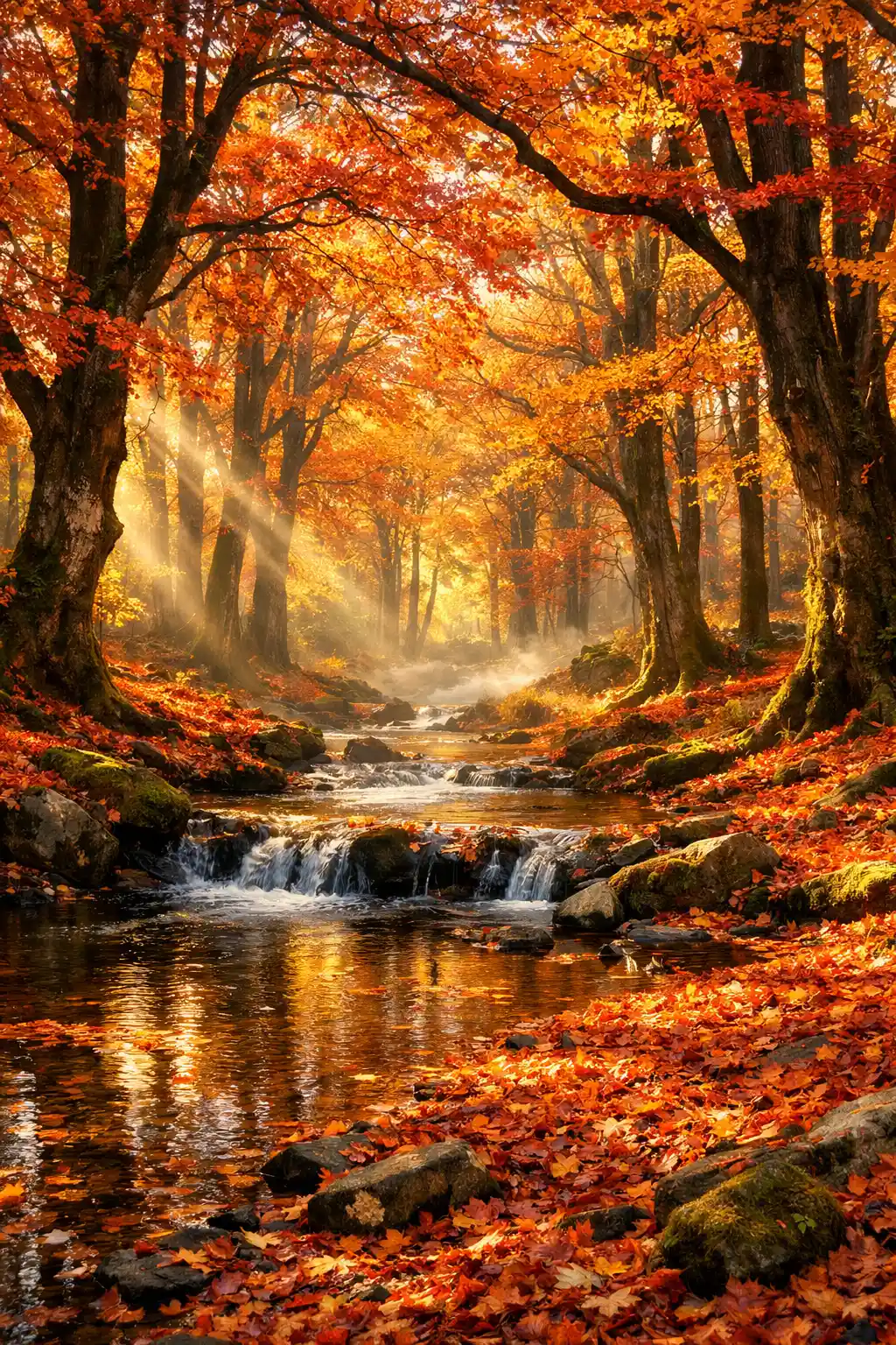 Verzauberter Herbstwald mit goldenem sonnenbeschienenem Blätterdach