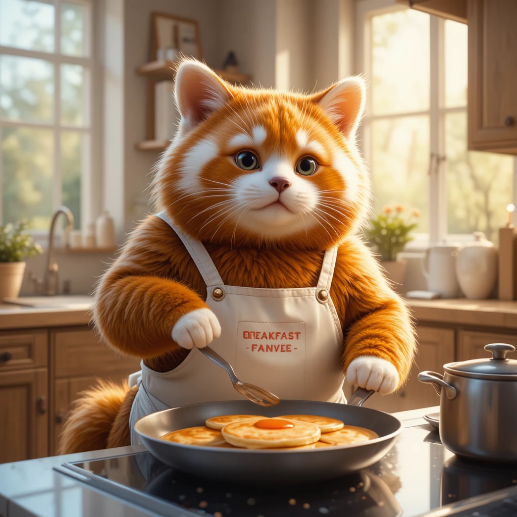 Cute panda cooking breakfast in a cozy modern kitchen