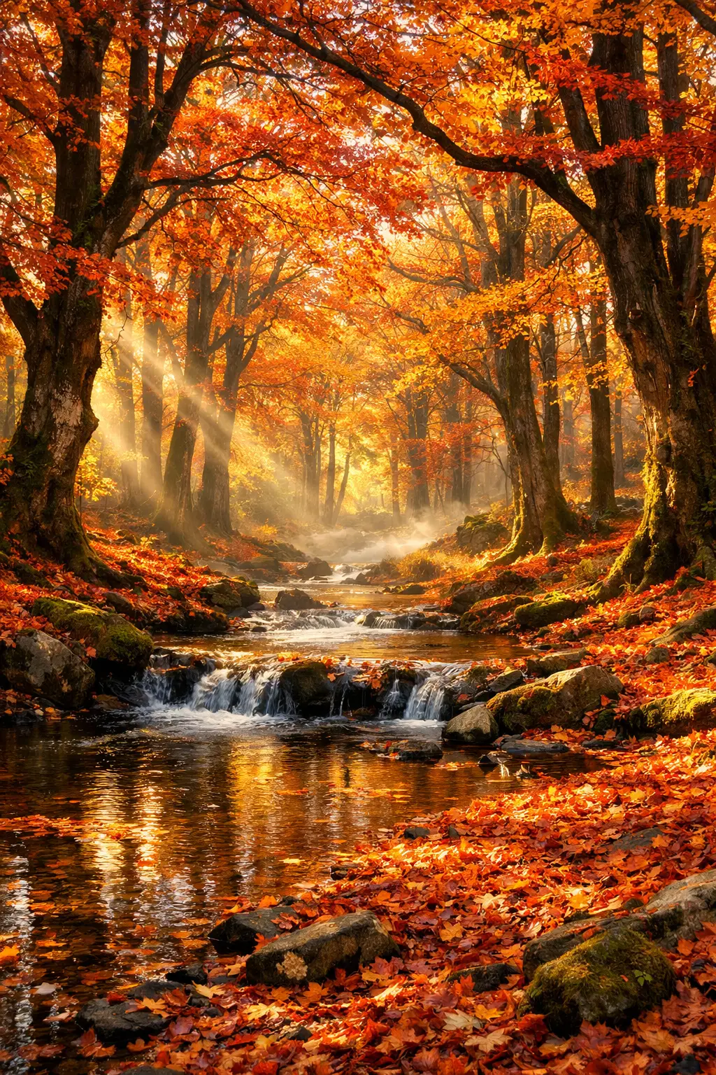 Enchanted Autumn Forest With Golden Sunlit Canopy