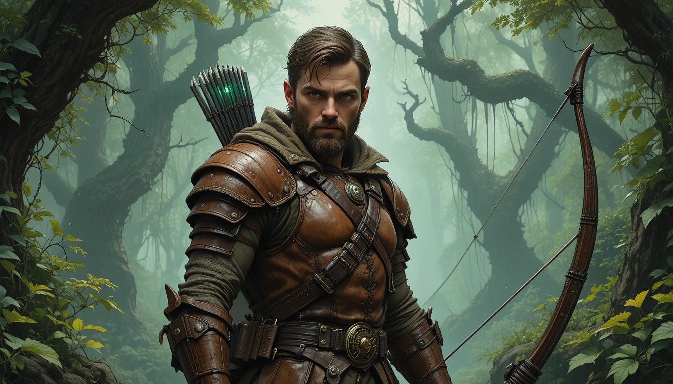 Medieval archer standing in a misty forest clearing