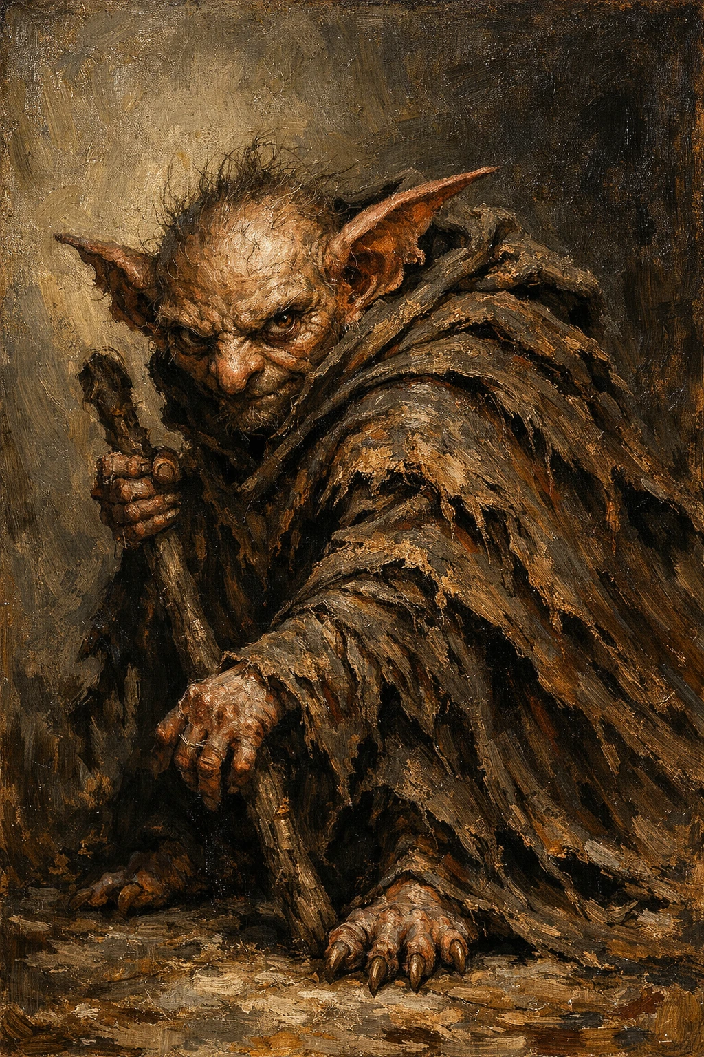 Dark fantasy oil painting of a cloaked anthropomorphic creature