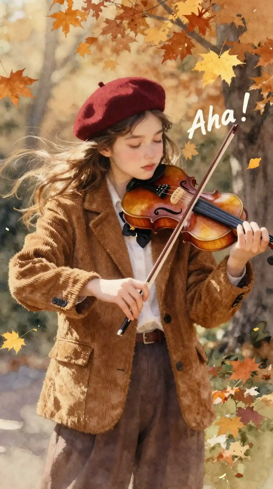Watercolor girl with violin in autumn forest light