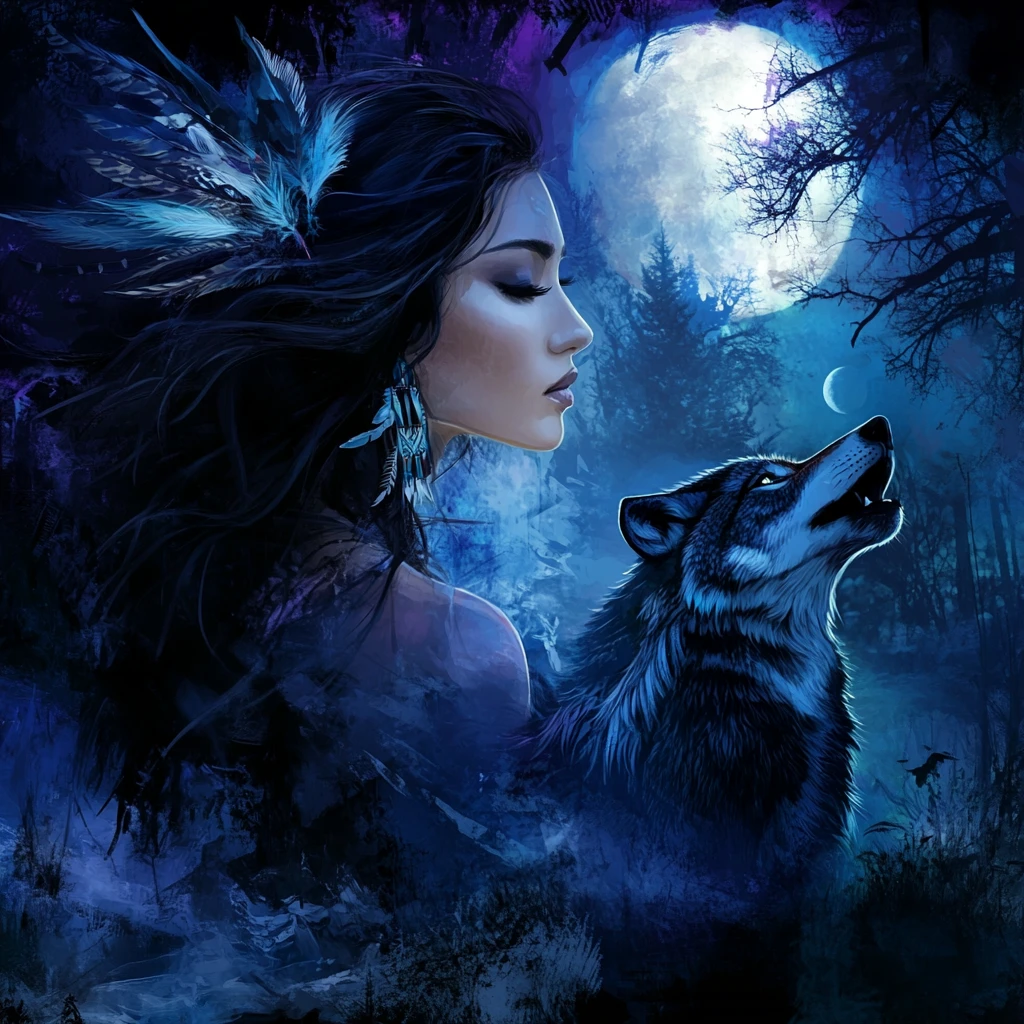 Mystical woman and wolf beneath a glowing full moon