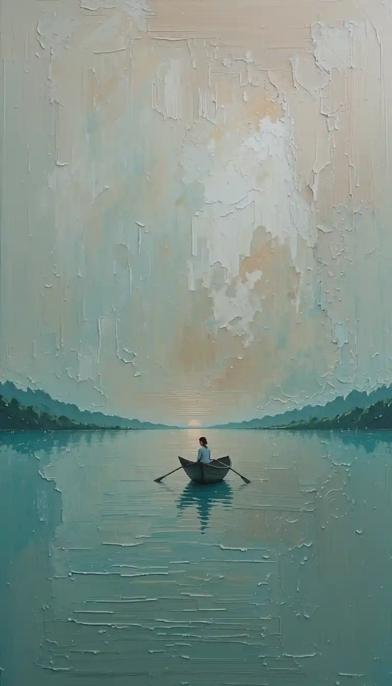 Minimal acrylic sunset lake with distant boat and figure