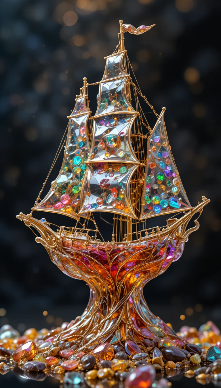 Transparent 3D sailboat with liquid mercury and gems
