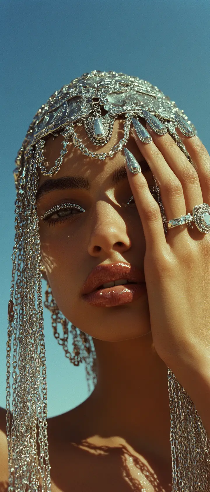 Woman in silver headpiece with glitter makeup close up