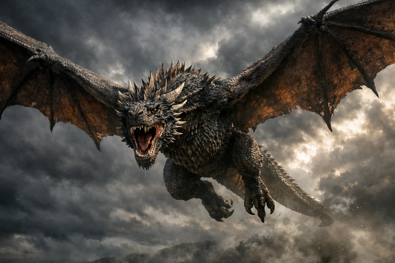 Dragon Fendant les Nuages Sombres dans un Ciel Fantastique