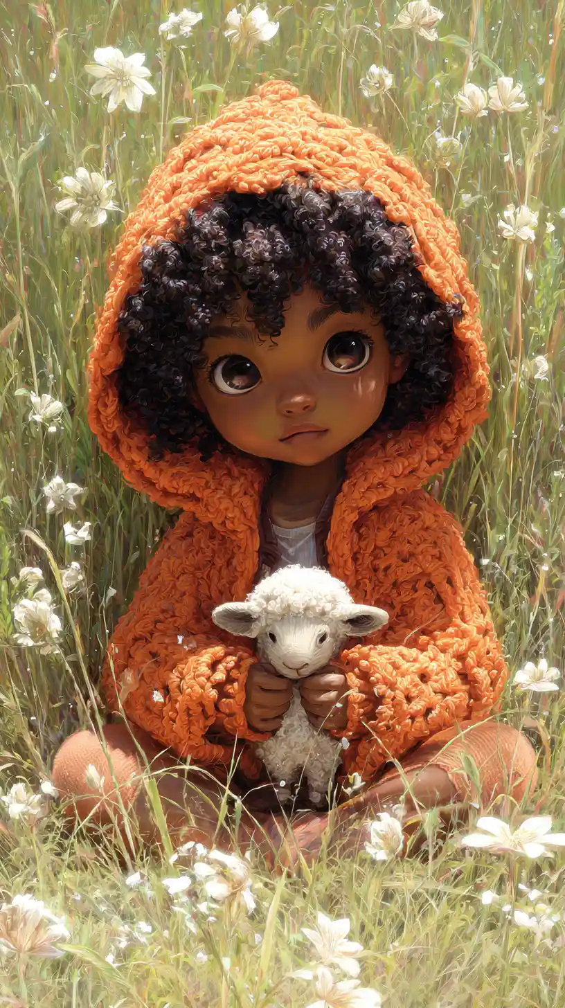 Cute baby girl in an orange hooded jacket in meadow