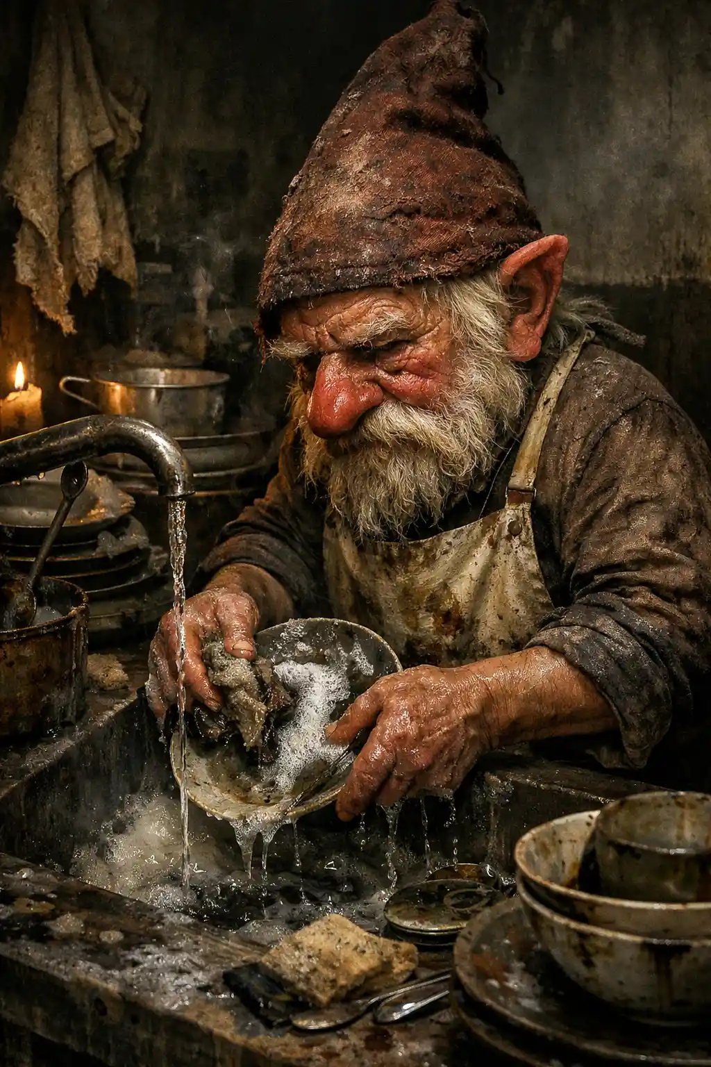 Dark fantasy gnome washing dishes in a grim kitchen