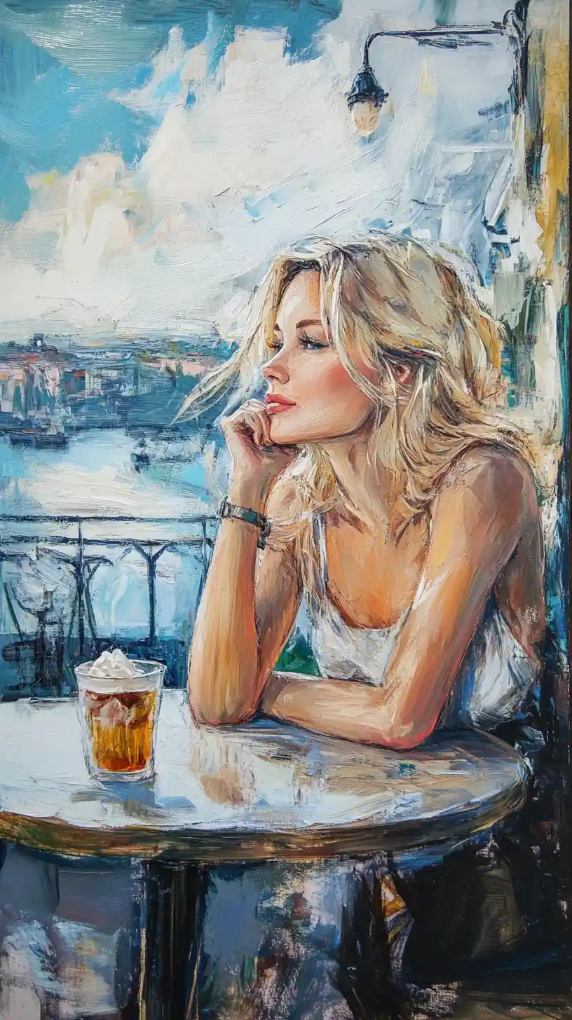 Smiling blonde woman eating ice cream at Milan cafe