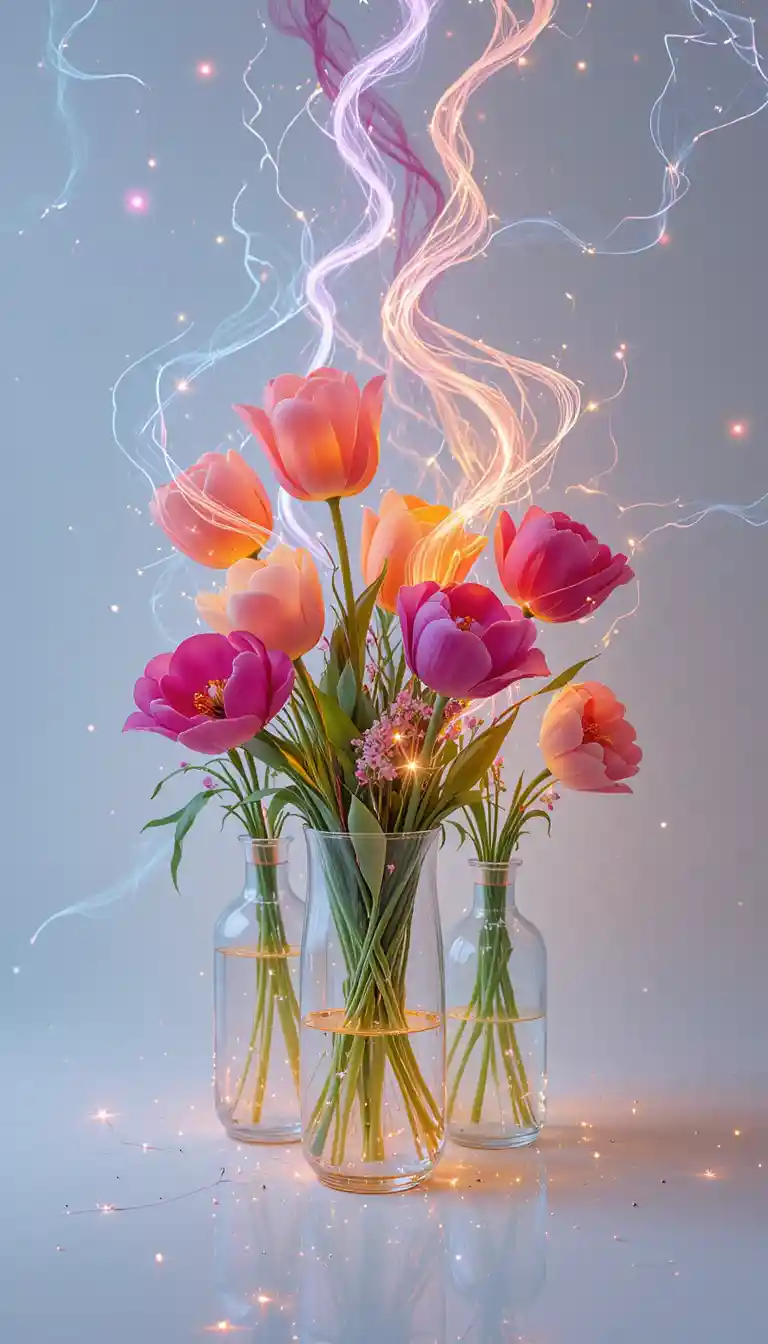 Abstrakte leuchtende Fäden mit Tulpen in Glasvasen