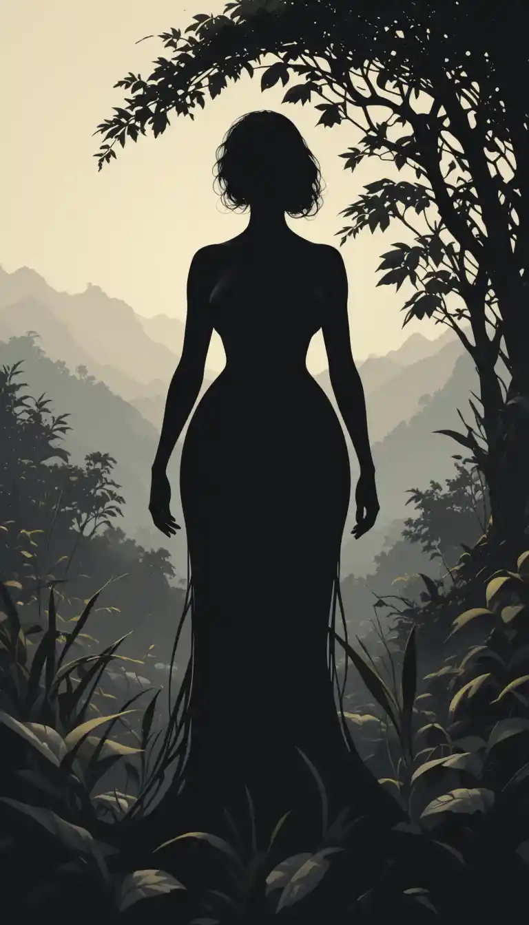 Selbstbewusste reife Frau steht stark in einer üppigen Landschaft