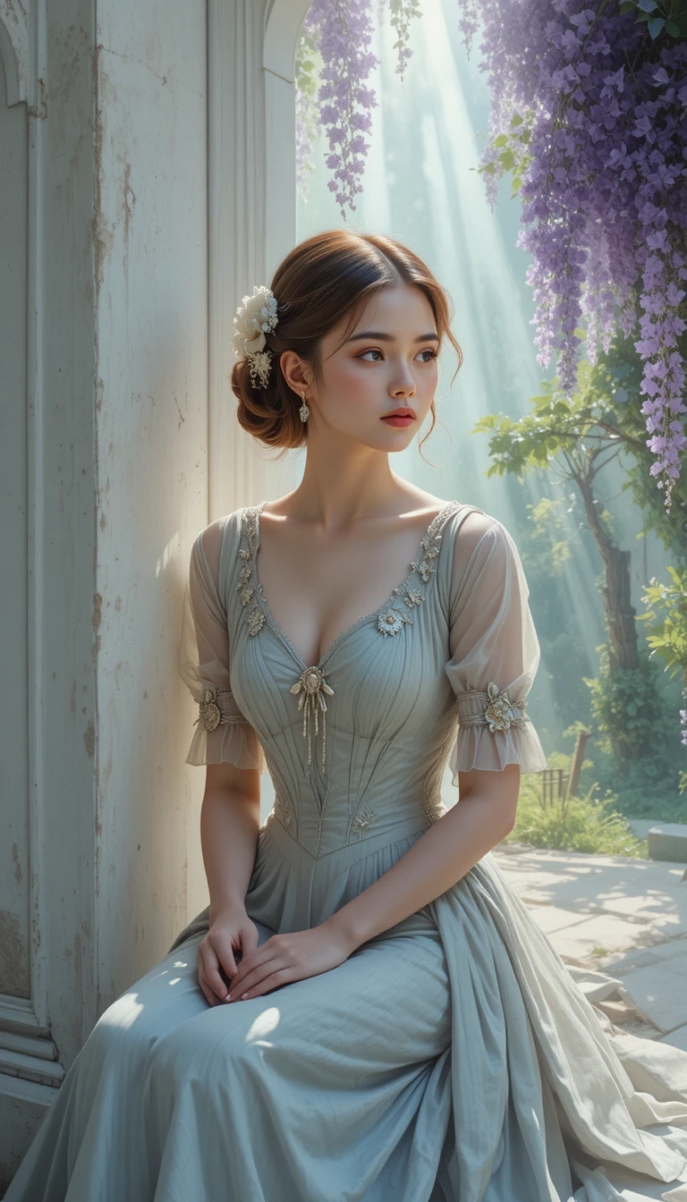 Elegant girl in light dress by a sunlit garden wall